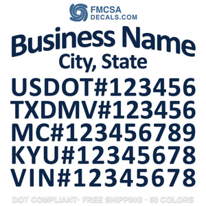 arched business name, city, usdot, txdmv, mc, kyu & vin number decal sticker