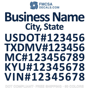 business name, city, usdot, txdmv, mc kyu vin number decal sticker